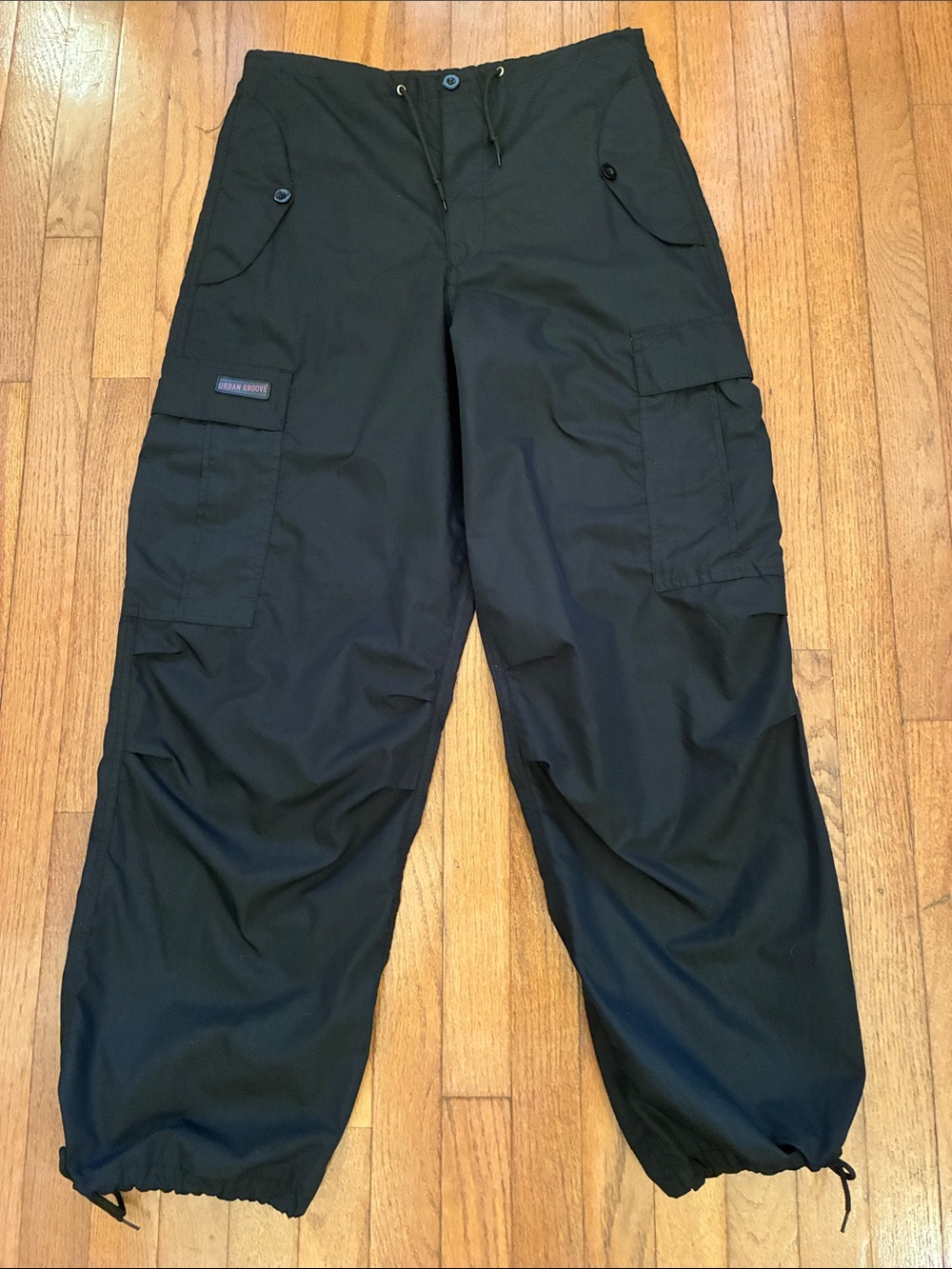 Urban Groove Black Cargo Pants Y2K Tech Parachute Pants Drawstring Hem Size M